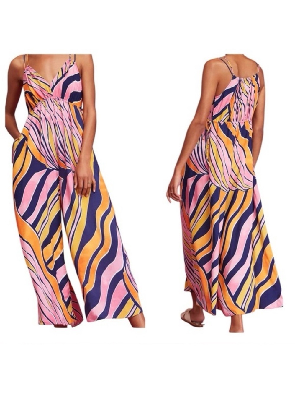 Maeve Pink, Navy & Yellow Wave-Print Wide-Leg Jumpsuit